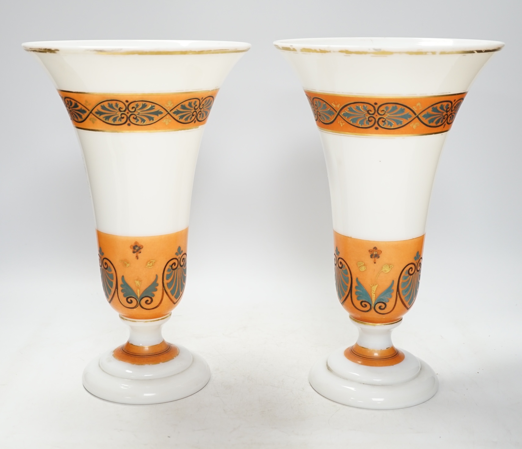 A pair of 19th century Stourbridge glass vases, Etruscan design, 30cm. Condition - fair, some wear to gilding